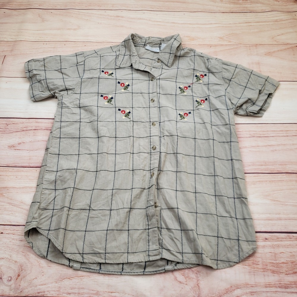 VINTAGE Basic Editions Shirt Womens XL Tan Floral Embroidered Cotton Button Down